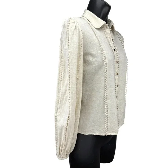 KEEPSAKE The Label Oatmeal Linen Blend Loop Trim Bishop Sleeve Blouse Size 4 - Picture 4 of 9